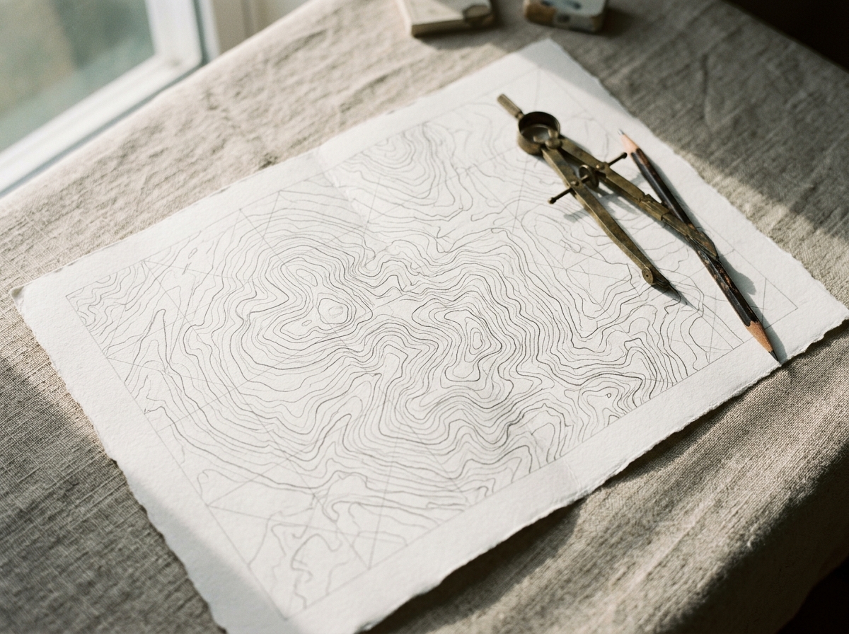 SoloMapa — mapa topográfico desenhado a mão sobre linho com compasso